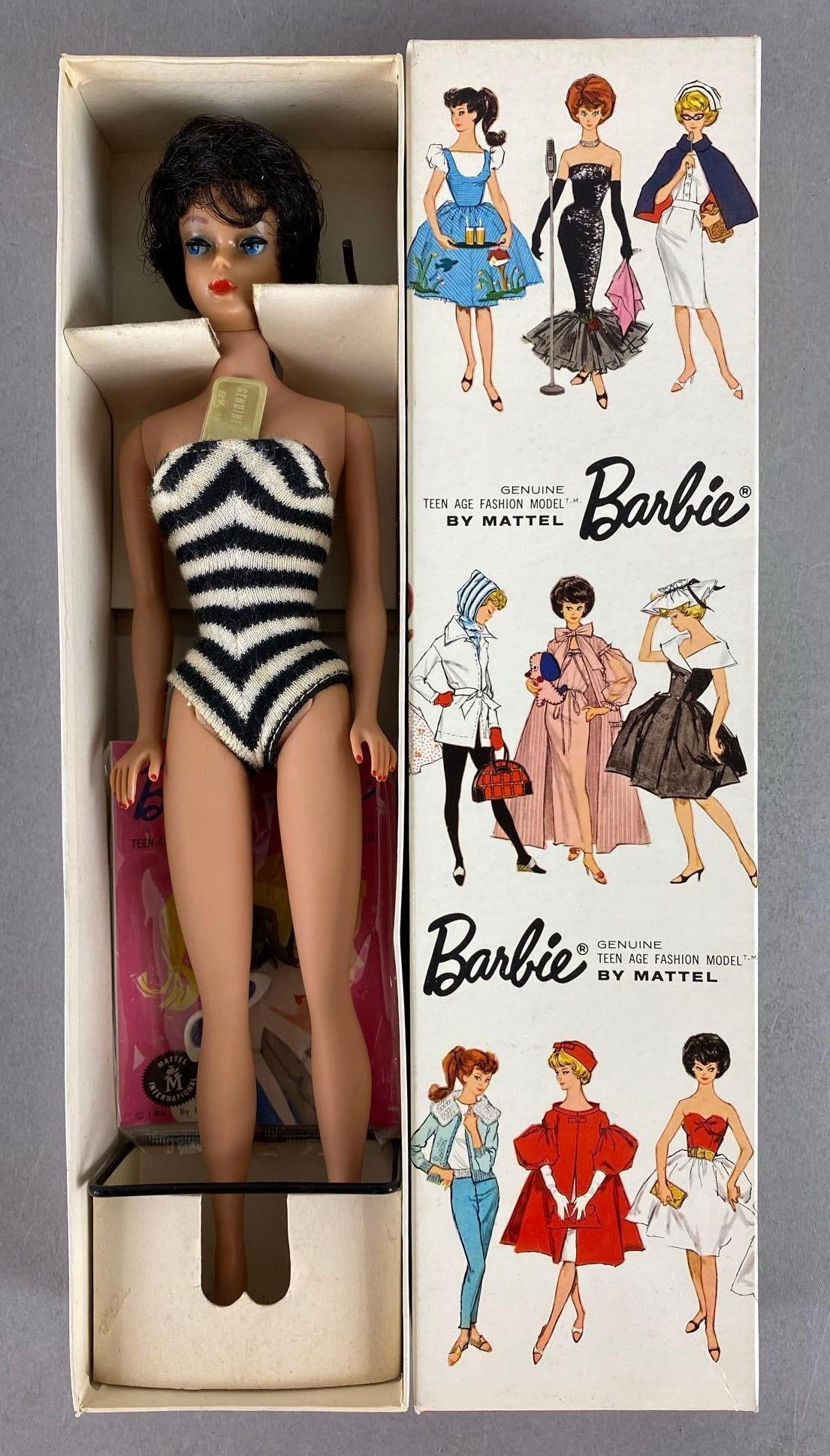 Vintage Mattel Barbie Teen Age Black Hair Fashion Doll: Bubble cut. Stock No. 850. Includes Stand, box and tag. Has a greasy face. Box measures 12 1/4 x 3 x 1 3/4 inches.