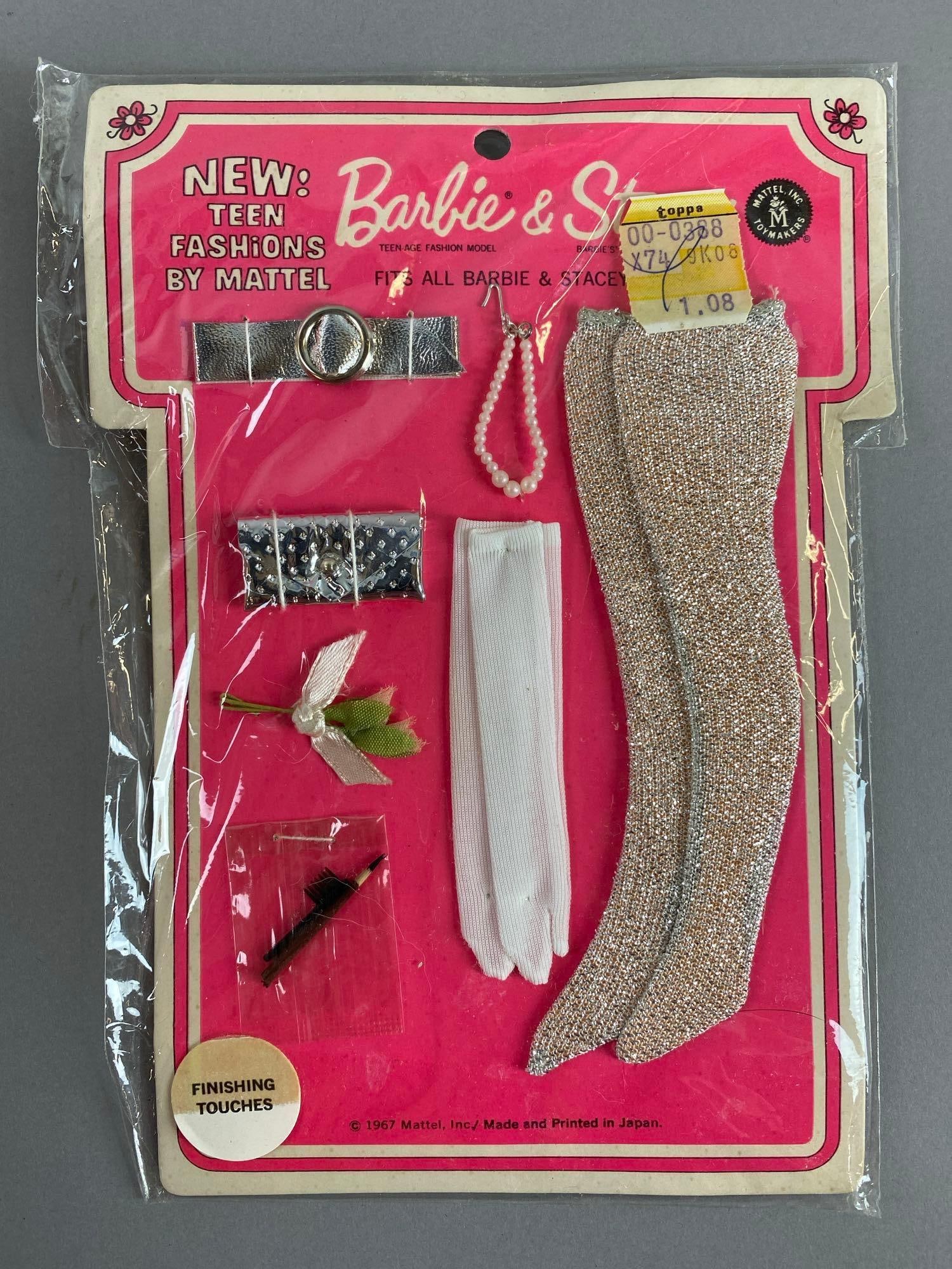 Vintage Mattel Barbie and Stacey Finishing Touches: 1967 Includes purse, stockings, belt and more. Measures 8 x 5 3/4 inches.