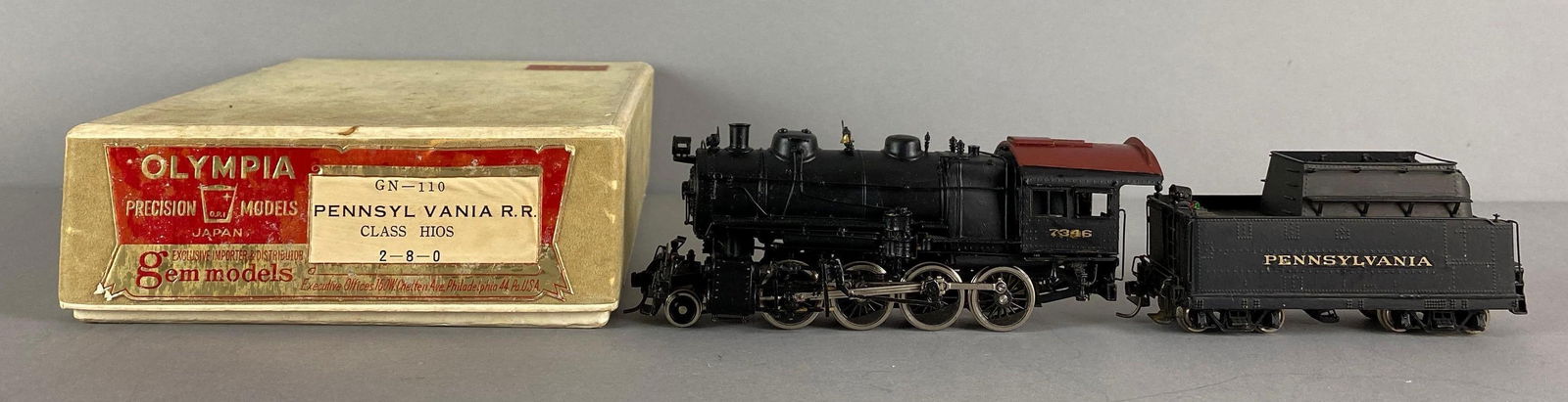 Olympia Brass HO Scale 2-8-0 No. 7346 PRR Locomotive and Tender: Made in Japan, In original packaging, locomotive measures 6 inches in length