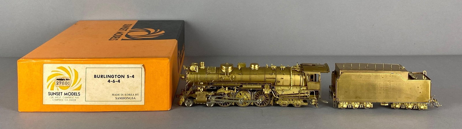 Sunset Models HO Scale BR 4-6-4 Locomotive and Tender: made in Korea in original box, untested, Burlington route, locomotive measures 8 inches in lengthj