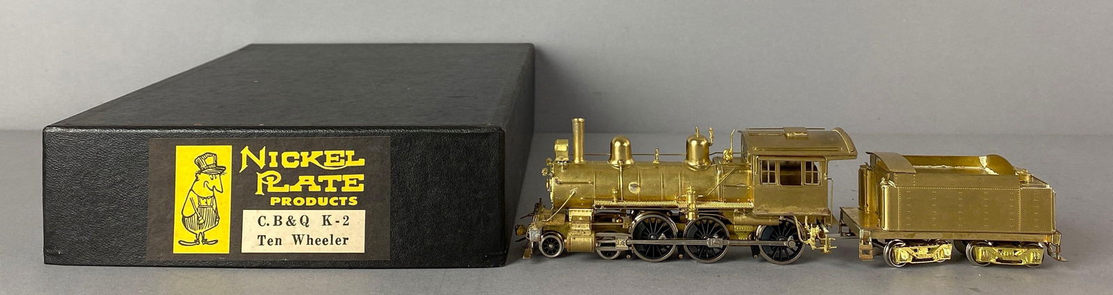 Nickel Plate HO Scale Brass BR 4-6-0 K-2 Locomotive And Tender: Made in Japan in original box, untested, Burlington route, locomotive measures 5 1/4 inches in length