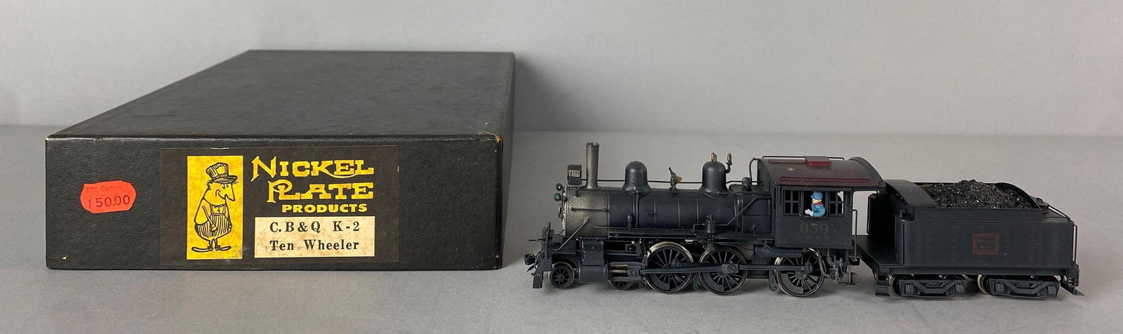 Nickel Plate HO Scale Brass BR 4-6-0 K-2 Locomotive And Tender: Made in Japan in original box, untested, Burlington route, locomotive measures 5 1/4 inches
