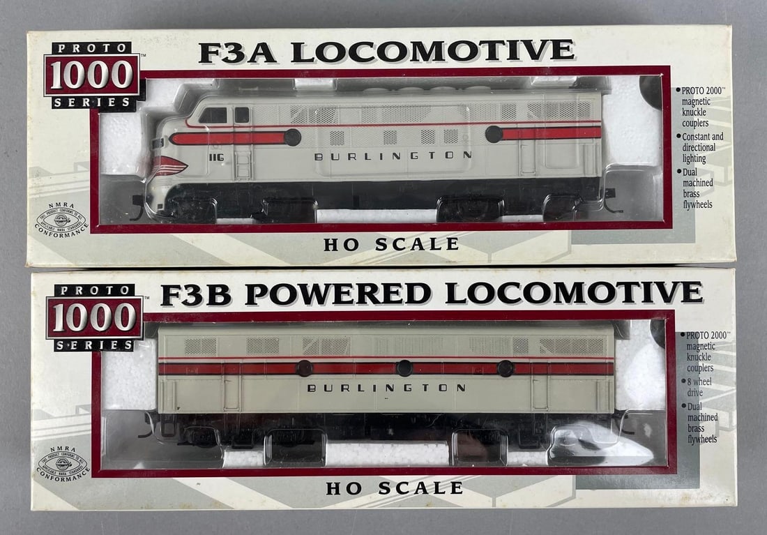 Set of Proto Series 1000 HO Scale F3A and B Burlington Locomotives: Powered b unit, like new in original packaging