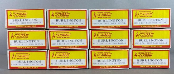 Group of 12 Accurail HO Gauge Burlington Plug Door Boxcars
