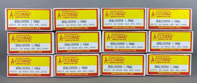 Group of 12 Accurail HO Scale Burlington FW and D Wood Boxes