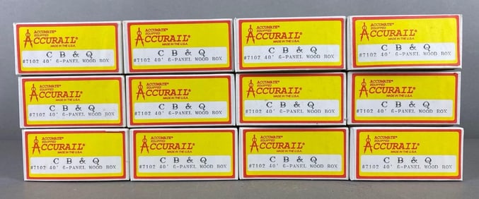 Group of 12 Accurail HO Scale CB and Q Wood Box Car