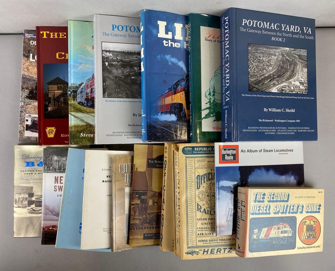 Group of 17 Books on Trains and More: Includes The Second Diesel Spotters Guide, Cathedral of Steel, Dining on the B&O and more. Largest book measures 11 1/4 x 9 x 1 1/2 inches.