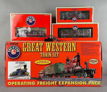 Lionel Western Train Set O Scale Operating Freight Expansion Pack: Includes hand car, bunk car, log dump car, Lincoln logs, uncoupler, missing tracks, original packaging measures 12 x 25 1/4 x 9 1/4 inches