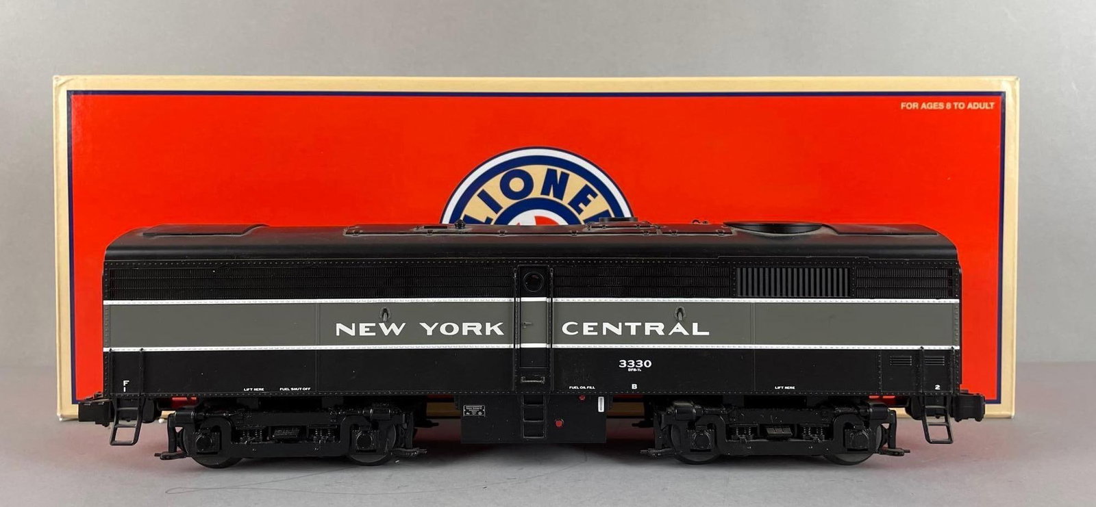 Lionel O Scale NY Central FA-2 Non-Powered Diesel Locomotive: No. 3330, original packaging, measures 14 1/4 inches