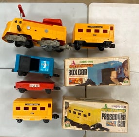 Vintage Mighty Casey Ride Em Railroad Locomotive Engine and Passenger Car Set