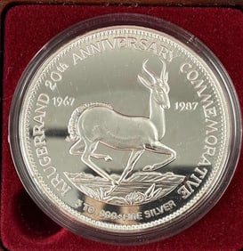 1987 South Africa Krugerrand 5 oz .999 Fine Silver 20th Anniversary Commemorative Round