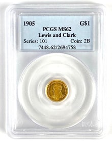 PCGS Graded 1905 US $1 Lewis and Clark Exposition Commemorative Gold Coin MS62