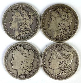 Group of 4 US $1 Morgan Silver Dollars
