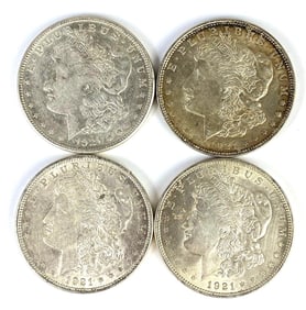 Group of 4 1921 US $1 Morgan Silver Dollars