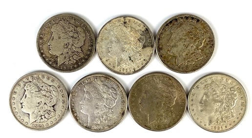 Group of 7 1921 US $1 Morgan Silver Dollars
