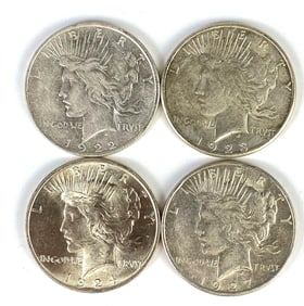 Group of 4 1920s US $1 Peace Silver Dollars