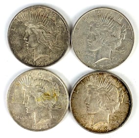 Group of 4 1920s US $1 Peace Silver Dollars