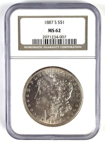 NGC Graded 1887-S US $1 Morgan Silver Dollar MS62
