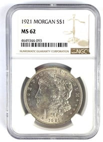 NGC Graded 1921 US $1 Morgan Silver Dollar MS62