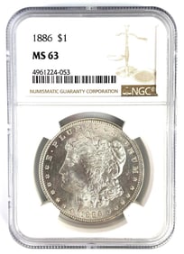 NGC Graded 1886 US $1 Morgan Silver Dollar MS63