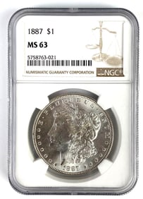NGC Graded 1887 US $1 Morgan Silver Dollar MS63