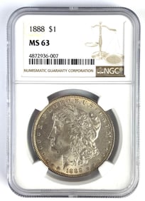 NGC Graded 1888 US $1 Morgan Silver Dollar MS63