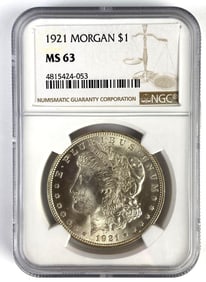 NGC Graded 1921 US $1 Morgan Silver Dollar MS63
