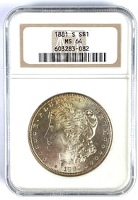 NGC Graded 1881-S US $1 Morgan Silver Dollar MS64