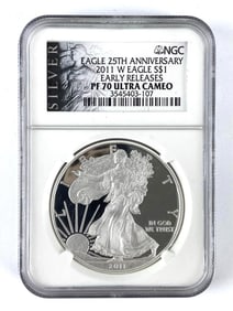NGC Graded 2011 W US $1  PROOF  American Silver Eagle Dollar PF 70