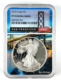 NGC Graded 2018 S US $1   PROOF American Silver Eagle Dollar PF 70