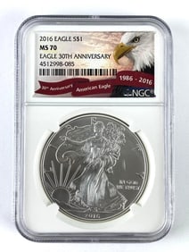 NGC Graded 2016 US $1 American Silver Eagle Dollar MS 70