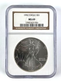 NGC Graded 1992 US $1 American Silver Eagle Dollar MS 69