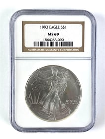NGC Graded 1993 US $1 American Silver Eagle Dollar MS 69