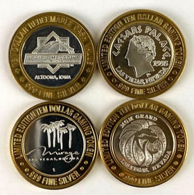Group of 4 Casino $10 .999 Fine Silver Gaming Tokens