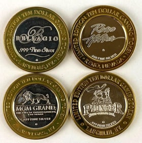 Group of 4 Casino $10 .999 Fine Silver Gaming Tokens