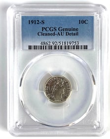 PCGS Graded 1912-S US Barber Silver Dime Cleaned-AU Detail