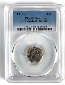 PCGS Graded 1915-S US Barber Silver Dime Genuine Cleaned-AU Detail