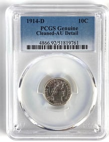 PCGS Graded 1914-D US Barber Silver Dime Genuine Cleaned-AU Detail