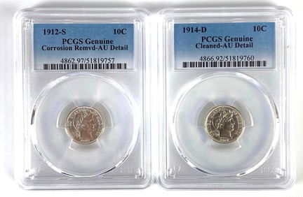 Group of 2 PCGS Graded US Barber Silver Dimes