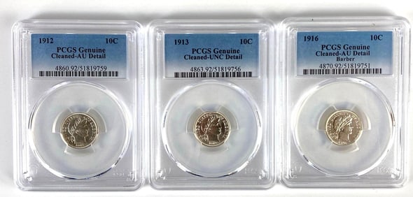 Group of 3 PCGS Graded US Barber Silver Dimes