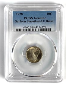 PCGS Graded 1928 US Mercury Dime Genuine Surfaces Smoothed-AU Detail