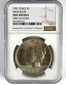 NGC Graded 1921 US $1 Peace Silver Dollar High Relief