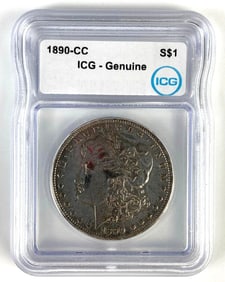 ICG - Genuine 1890-CC US $1 Morgan Silver Dollar
