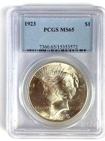 PCGS Graded 1923 US $1 Peace Silver Dollar MS65