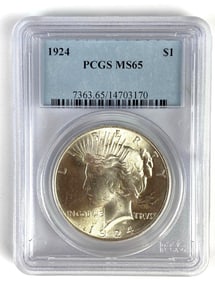 PCGS Graded 1924 US $1 Peace Silver Dollar MS65