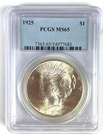 PCGS Graded 1925 US $1 Peace Silver Dollar MS65