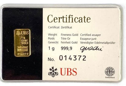 RARE UBS  1 Gram .999 Fine Gold Ingot/ Bar