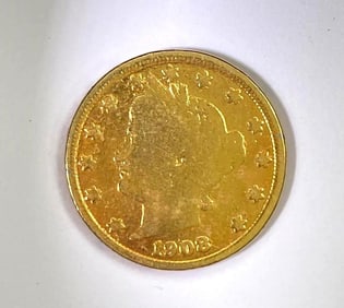 1908 US Liberty V Nickel Gold Plated Racketeer Nickel