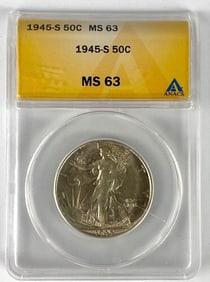 1945 S ANACS Graded MS 63 Walking Liberty Silver Half Dollar