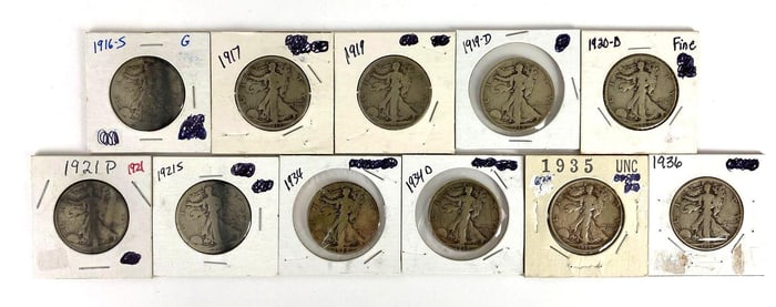 Group of 11 US Walking Liberty Silver Half Dollars